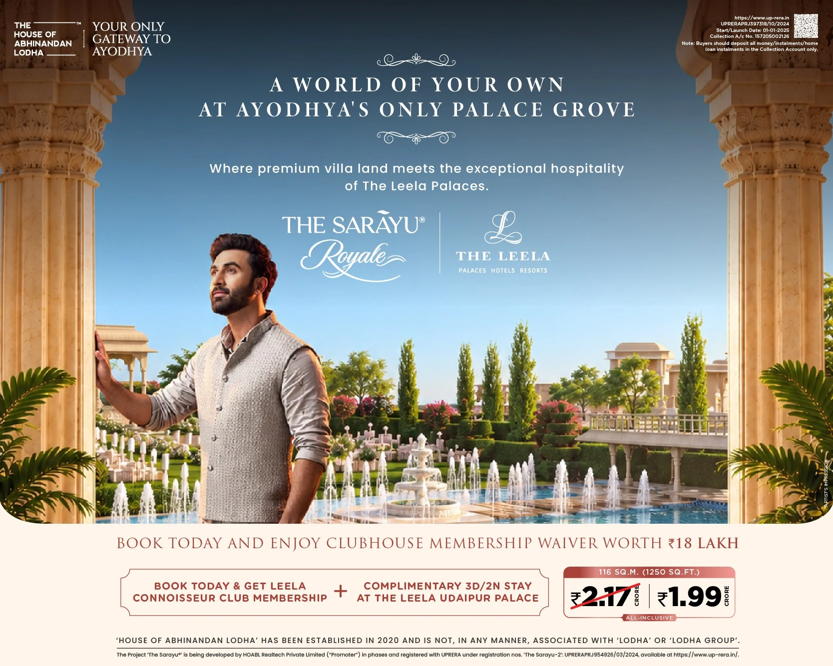 The Sarayu Royale in Ayodhya: developer campaign artwork showing premium villa land and advertised offers